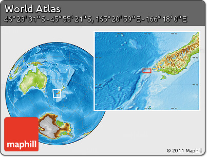Physical Location Map of the Area around 46° 9' 26" S, 165° 49' 29" E