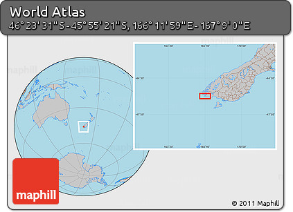 Gray Location Map of the Area around 46° 9' 26" S, 166° 40' 30" E