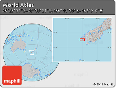 Gray Location Map of the Area around 46° 9' 26" S, 166° 40' 30" E