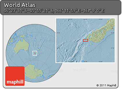 Savanna Style Location Map of the Area around 46° 9' 26" S, 166° 40' 30" E, hill shading