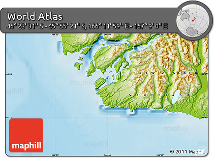 Physical Map of the Area around 46° 9' 26" S, 166° 40' 30" E