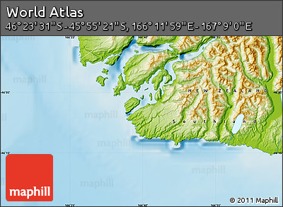 Physical Map of the Area around 46° 9' 26" S, 166° 40' 30" E