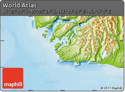 Physical Map of the Area around 46° 9' 26" S, 166° 40' 30" E