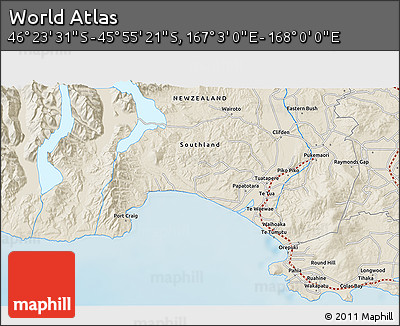 Shaded Relief 3D Map of the Area around 46° 9' 26" S, 167° 31' 30" E