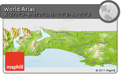 Physical Panoramic Map of the Area around 46° 9' 26" S, 167° 31' 30" E