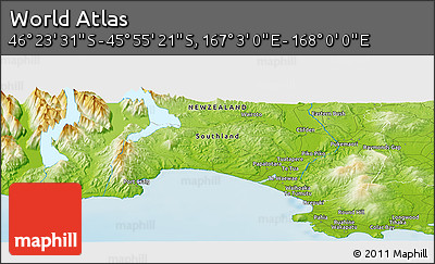 Physical Panoramic Map of the Area around 46° 9' 26" S, 167° 31' 30" E
