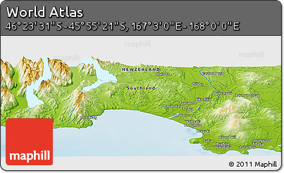 Physical Panoramic Map of the Area around 46° 9' 26" S, 167° 31' 30" E