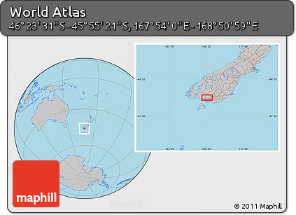 Gray Location Map of the Area around 46° 9' 26" S, 168° 22' 30" E