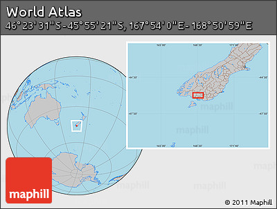Gray Location Map of the Area around 46° 9' 26" S, 168° 22' 30" E