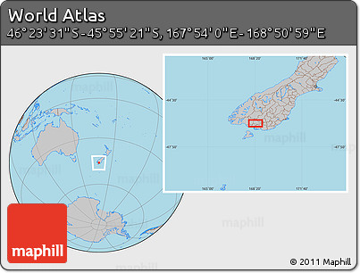 Gray Location Map of the Area around 46° 9' 26" S, 168° 22' 30" E
