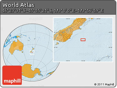 Political Location Map of the Area around 46° 9' 26" S, 173° 28' 29" E