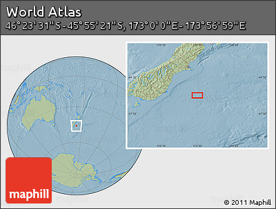 Savanna Style Location Map of the Area around 46° 9' 26" S, 173° 28' 29" E, hill shading
