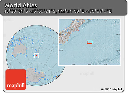 Gray Location Map of the Area around 46° 9' 26" S, 175° 10' 30" E, hill shading