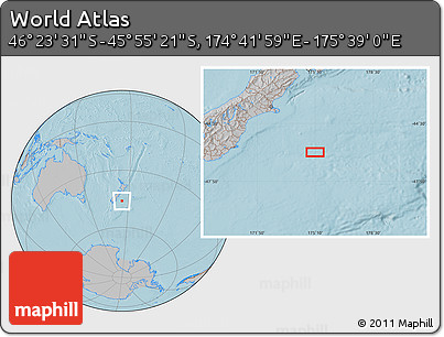 Gray Location Map of the Area around 46° 9' 26" S, 175° 10' 30" E, hill shading