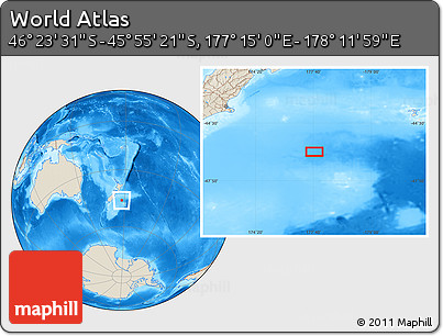 Shaded Relief Location Map of the Area around 46° 9' 26" S, 177° 43' 29" E
