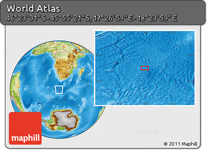 Physical Location Map of the Area around 46° 9' 26" S, 17° 55' 29" E