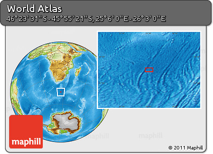 Physical Location Map of the Area around 46° 9' 26" S, 25° 34' 30" E