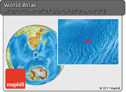 Physical Location Map of the Area around 46° 9' 26" S, 28° 7' 30" E