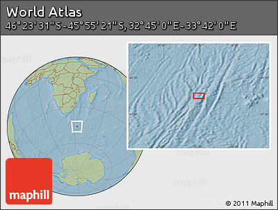 Savanna Style Location Map of the Area around 46° 9' 26" S, 33° 13' 30" E, hill shading