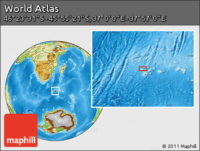 Physical Location Map of the Area around 46° 9' 26" S, 37° 28' 30" E