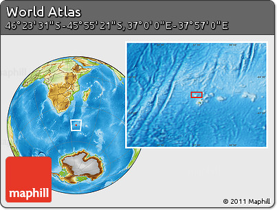Physical Location Map of the Area around 46° 9' 26" S, 37° 28' 30" E