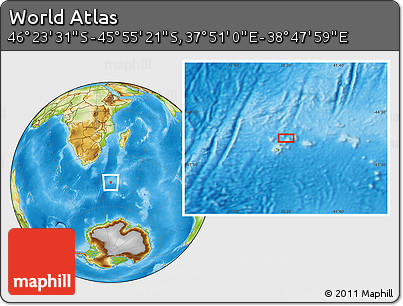 Physical Location Map of the Area around 46° 9' 26" S, 38° 19' 30" E
