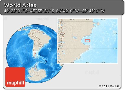 Shaded Relief Location Map of the Area around 46° 9' 26" S, 66° 13' 29" W