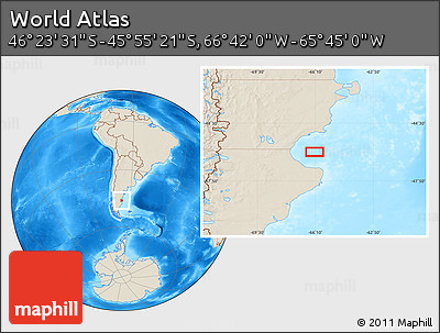 Shaded Relief Location Map of the Area around 46° 9' 26" S, 66° 13' 29" W