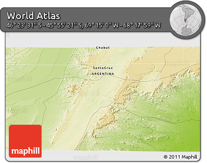 Physical 3D Map of the Area around 46° 9' 26" S, 68° 46' 30" W