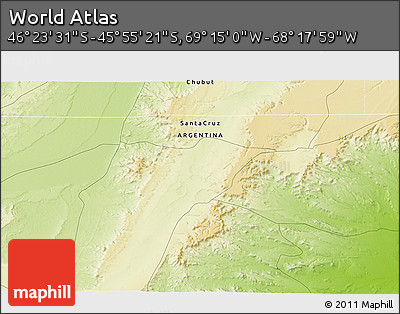 Physical 3D Map of the Area around 46° 9' 26" S, 68° 46' 30" W