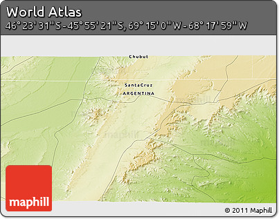 Physical 3D Map of the Area around 46° 9' 26" S, 68° 46' 30" W