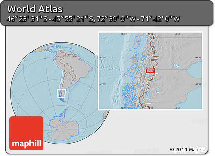 Gray Location Map of the Area around 46° 9' 26" S, 72° 10' 30" W, hill shading
