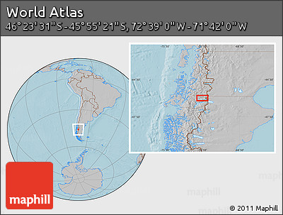 Gray Location Map of the Area around 46° 9' 26" S, 72° 10' 30" W, hill shading