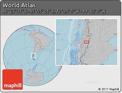 Gray Location Map of the Area around 46° 9' 26" S, 72° 10' 30" W, hill shading