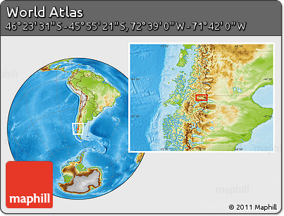 Physical Location Map of the Area around 46° 9' 26" S, 72° 10' 30" W