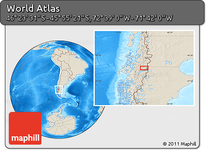 Shaded Relief Location Map of the Area around 46° 9' 26" S, 72° 10' 30" W