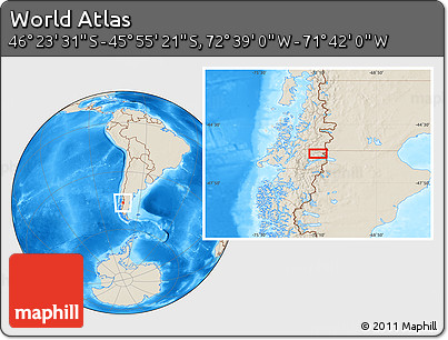 Shaded Relief Location Map of the Area around 46° 9' 26" S, 72° 10' 30" W