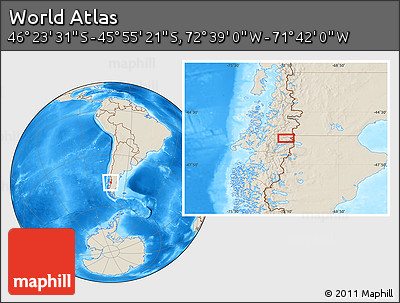 Shaded Relief Location Map of the Area around 46° 9' 26" S, 72° 10' 30" W