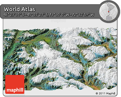 Satellite 3D Map of the Area around 46° 9' 26" S, 73° 1' 30" W