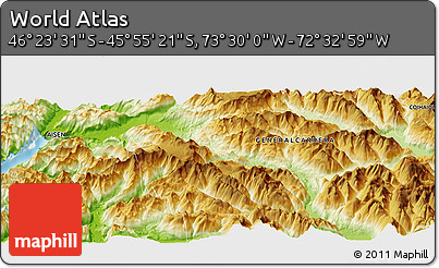 Physical Panoramic Map of the Area around 46° 9' 26" S, 73° 1' 30" W