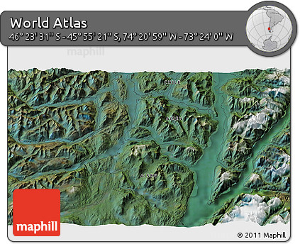 Satellite 3D Map of the Area around 46° 9' 26" S, 73° 52' 30" W