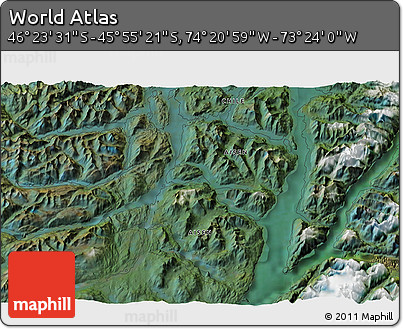 Satellite 3D Map of the Area around 46° 9' 26" S, 73° 52' 30" W