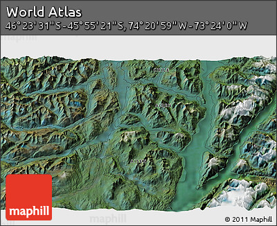 Satellite 3D Map of the Area around 46° 9' 26" S, 73° 52' 30" W