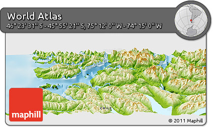 Physical Panoramic Map of the Area around 46° 9' 26" S, 74° 43' 29" W