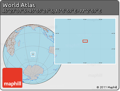 Gray Location Map of the Area around 46° 9' 26" S, 76° 34' 29" E