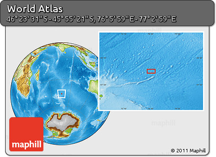 Physical Location Map of the Area around 46° 9' 26" S, 76° 34' 29" E