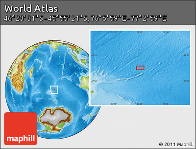 Physical Location Map of the Area around 46° 9' 26" S, 76° 34' 29" E