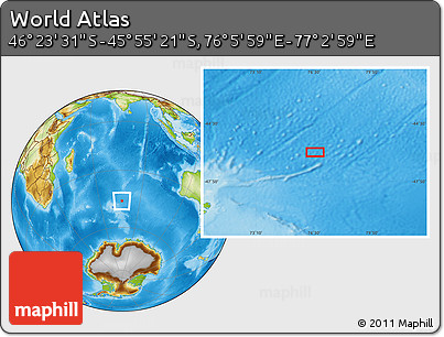 Physical Location Map of the Area around 46° 9' 26" S, 76° 34' 29" E