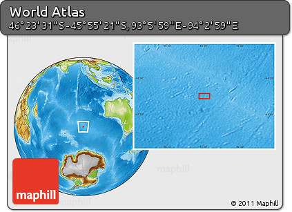 Physical Location Map of the Area around 46° 9' 26" S, 93° 34' 29" E