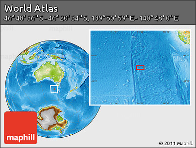 Physical Location Map of the Area around 46° 34' 35" S, 140° 19' 29" E